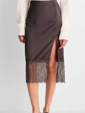 Lace-Hem Midi Skirt with Side Slit in Chocolate Brown